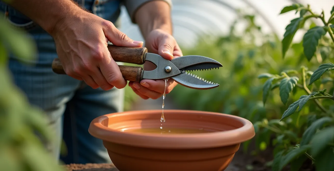 Manos desinfectando tijeras de poda con solución casera entre plantas