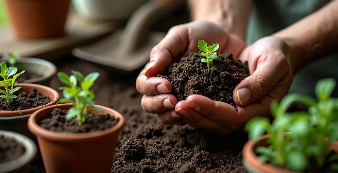 Manos sosteniendo compost maduro oscuro junto a plántulas de berro germinando en test de fitotoxicidad