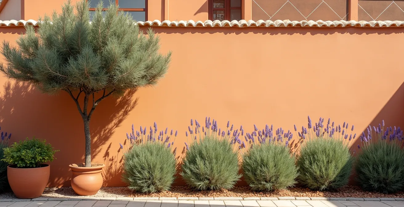 Jardín mediterráneo mostrando la aplicación de la regla del tercio con plantas de diferentes alturas