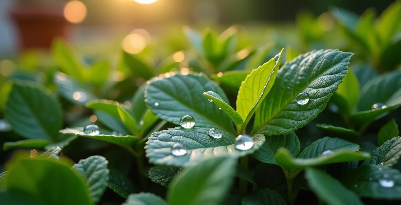 Detalle macro de gotas de rocío sobre hojas de seto mostrando humedad peligrosa