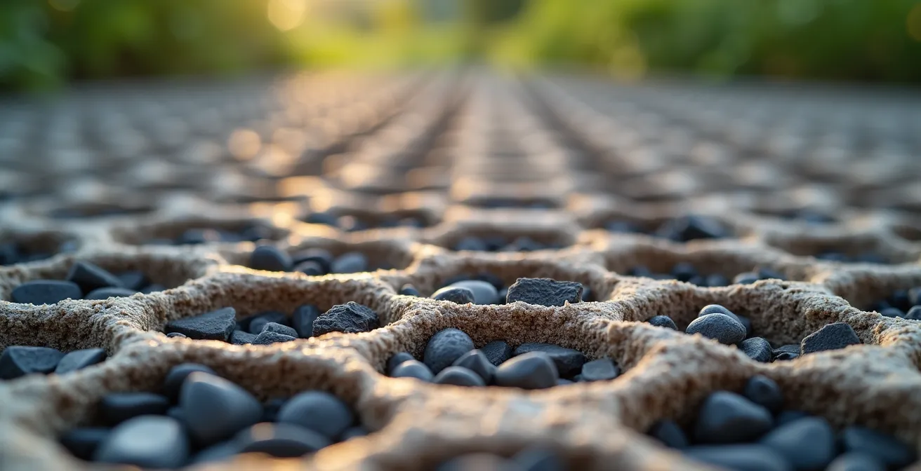 Detalle macro de sistema estabilizador de grava con estructura hexagonal