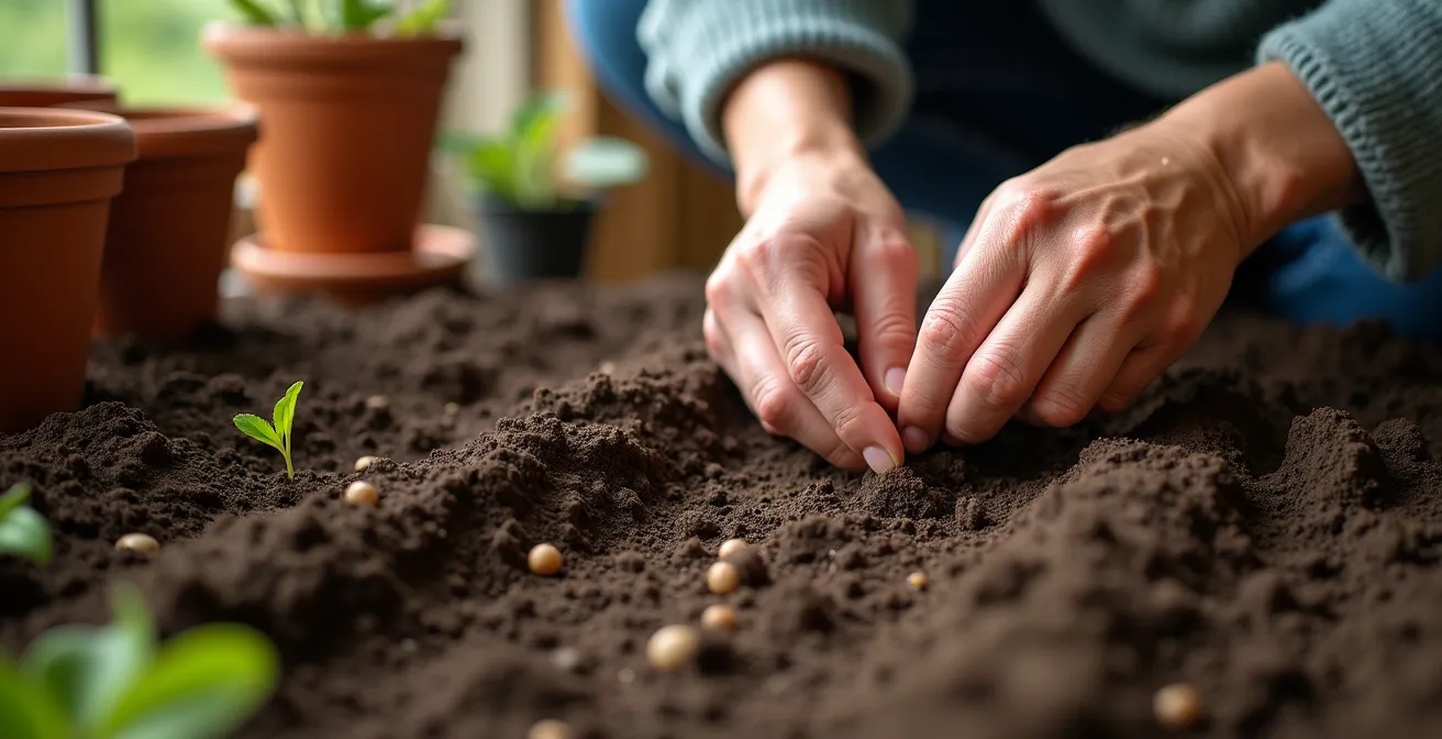 Manos sembrando semillas directamente en sustrato preparado con herramientas de jardín