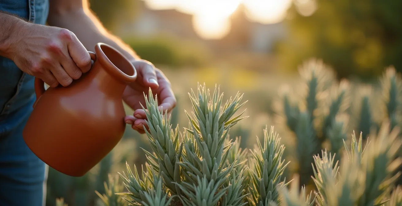 Detalle de hojas de santolina mostrando signos de estrés hídrico en verano mediterráneo
