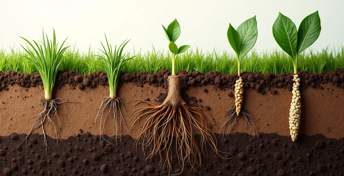 Corte transversal del suelo mostrando diferentes sistemas radiculares de abonos verdes