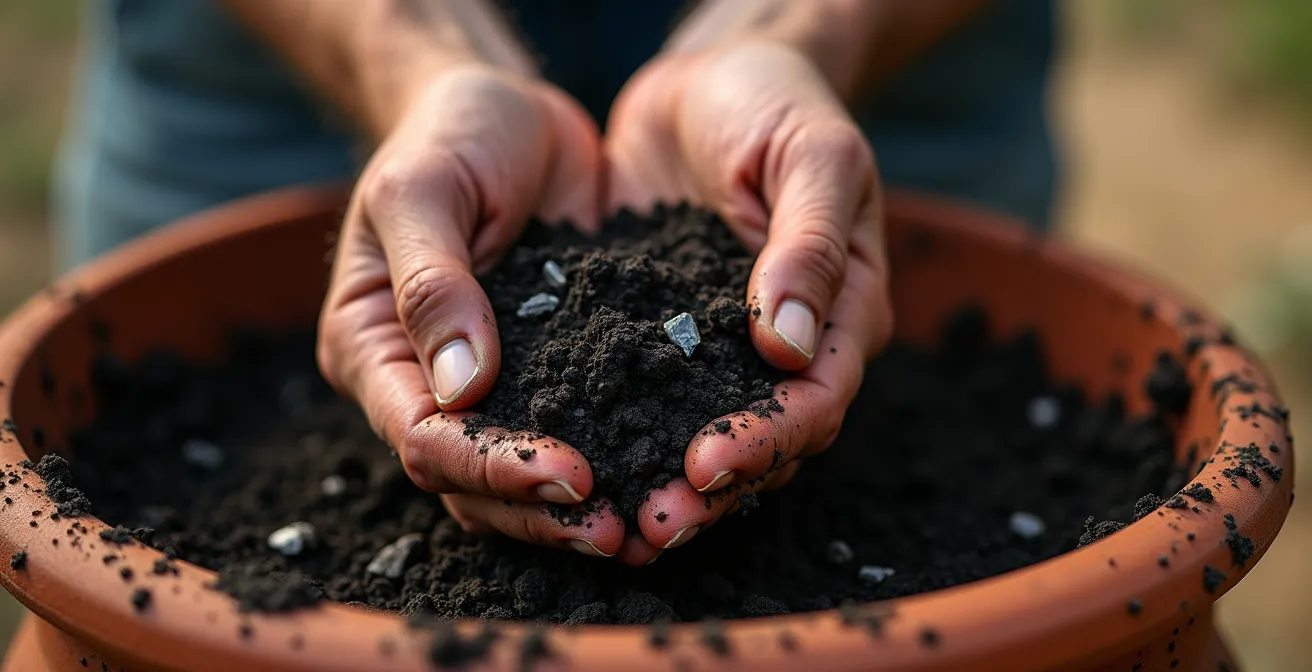 Detalle de biochar mezclado con compost mostrando su estructura porosa para capturar nutrientes