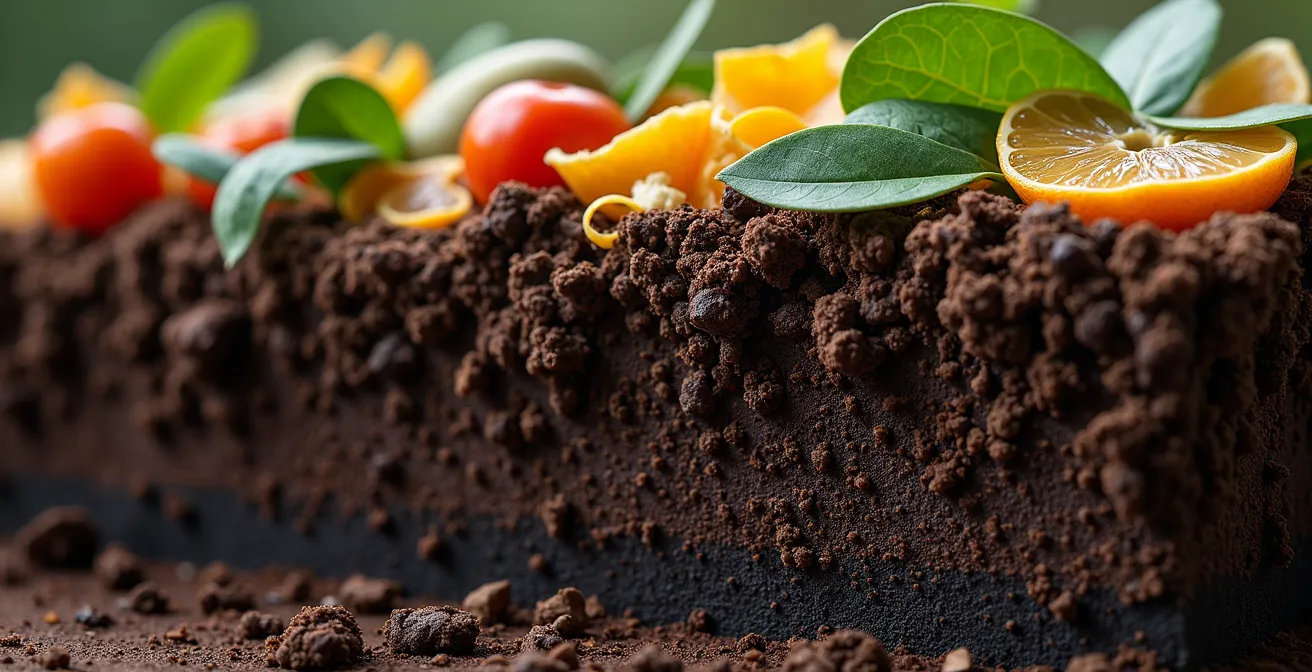 Compostera tradicional española con capas de materiales orgánicos y herramientas de jardinería