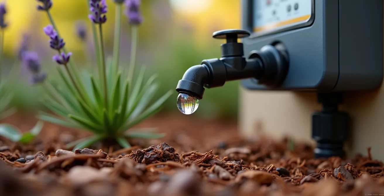 Detalle macro de sistema de goteo instalado entre plantas mediterráneas con programador digital