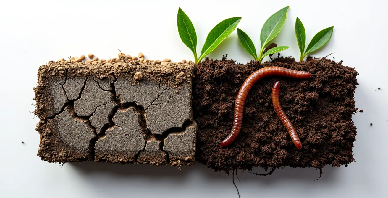 Corte transversal mostrando suelo vivo con lombrices versus suelo compactado sin vida