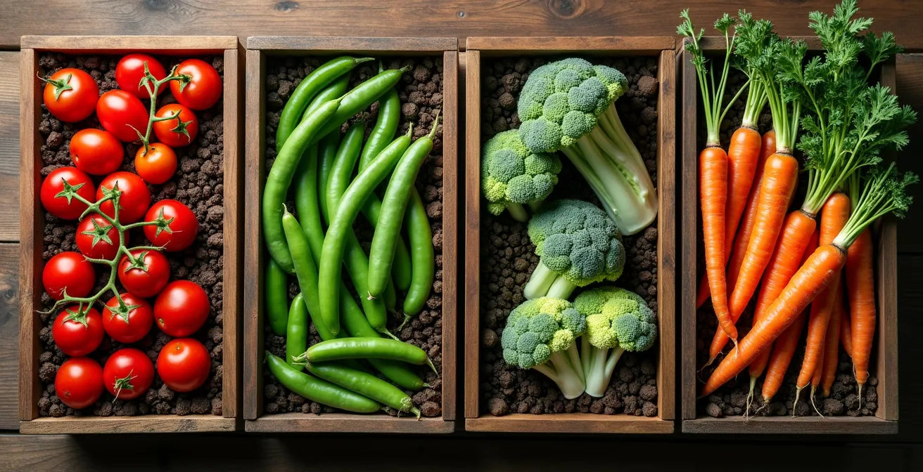 Tabla visual colorida mostrando cuatro grupos de familias botánicas con ejemplos de cultivos españoles populares organizados por colores