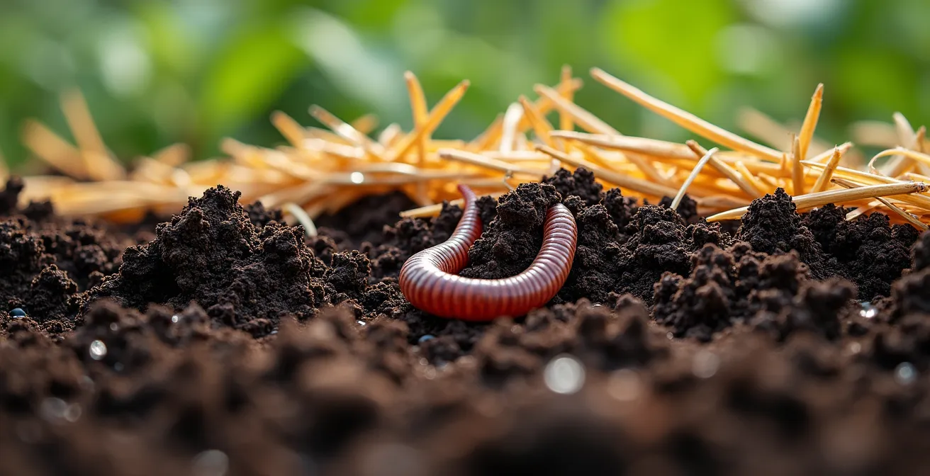 Detalle macro de capas de acolchado mediterráneo con restos de poda de olivo y romero