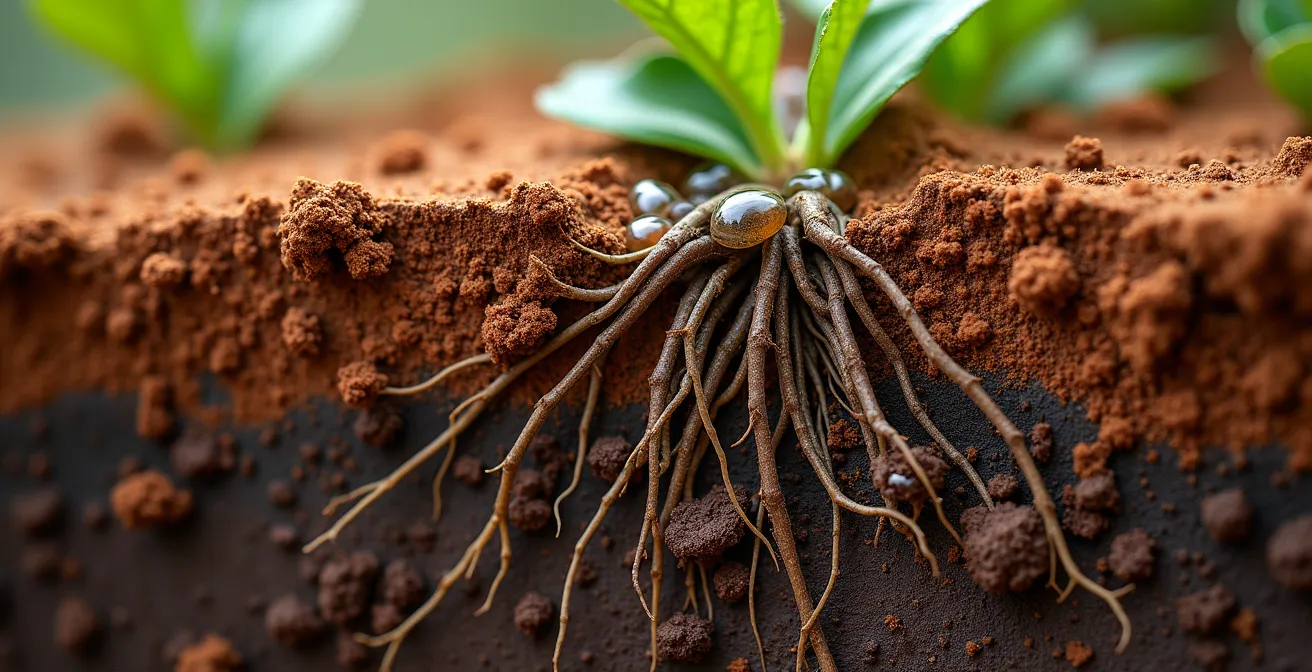 Vista en corte del suelo mostrando raíces profundas y técnica de alcorque
