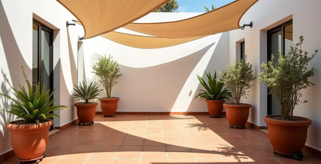 Terraza mediterránea de 20 metros cuadrados con velas de sombra triangulares y jardineras móviles con trepadoras