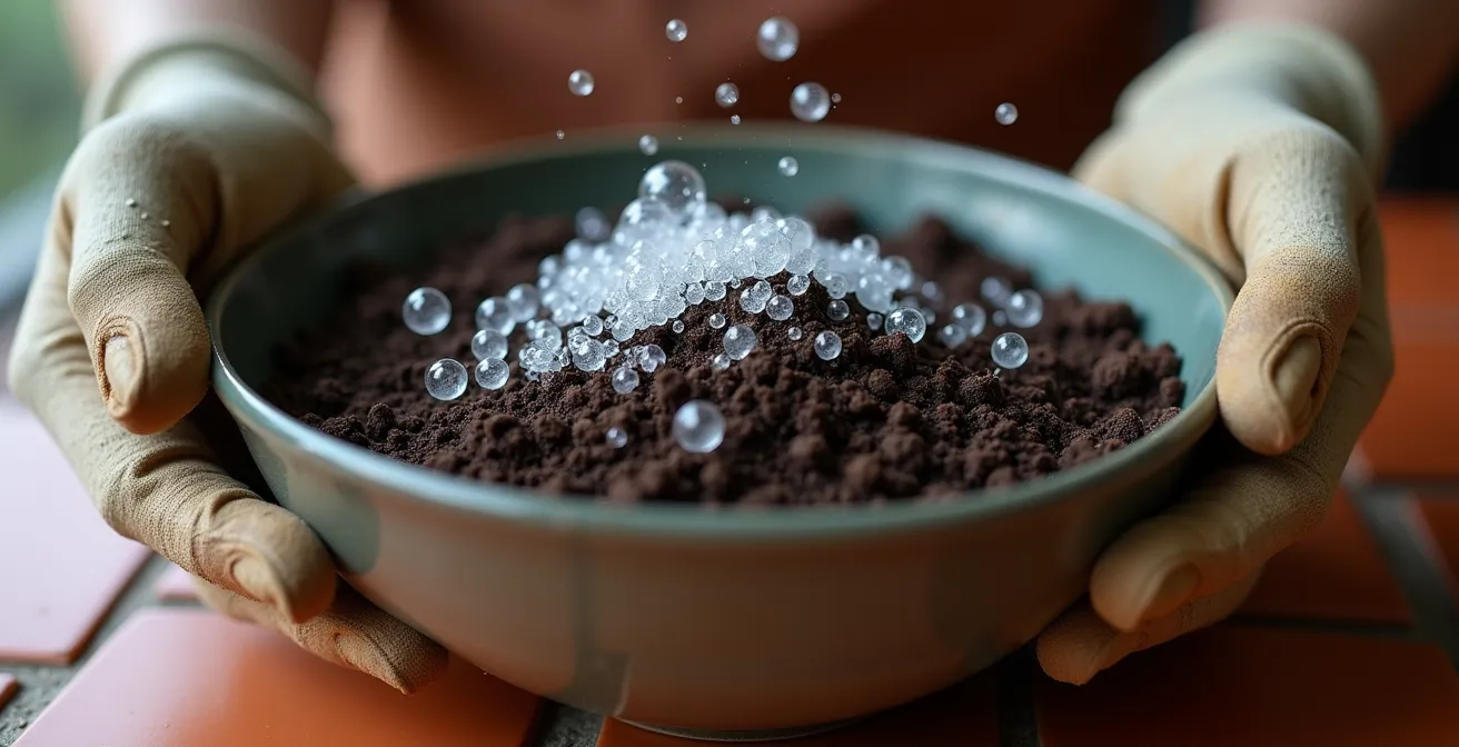 Primer plano de manos vertiendo agua oxigenada sobre muestra de tierra con burbujas visibles