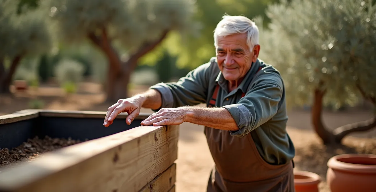Persona mayor midiendo con los brazos el ancho ideal de un bancal elevado de madera en jardín español