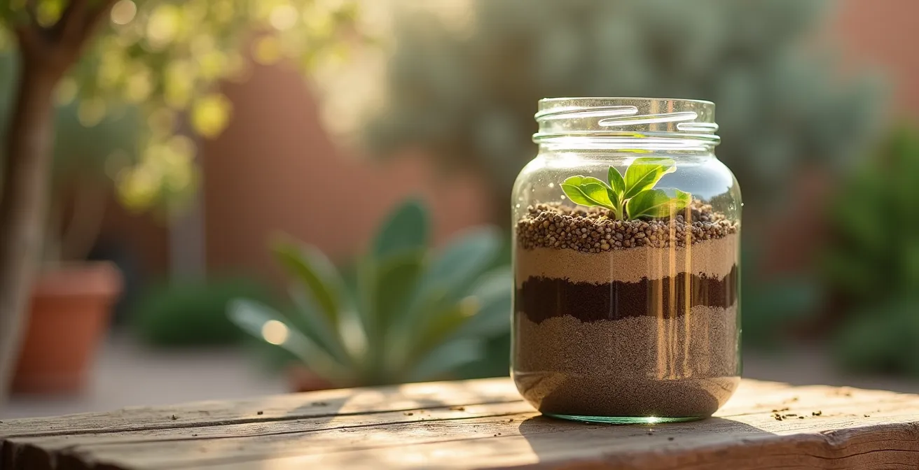 Test de la botella mostrando las capas de sedimentación del suelo con arena, limo y arcilla.