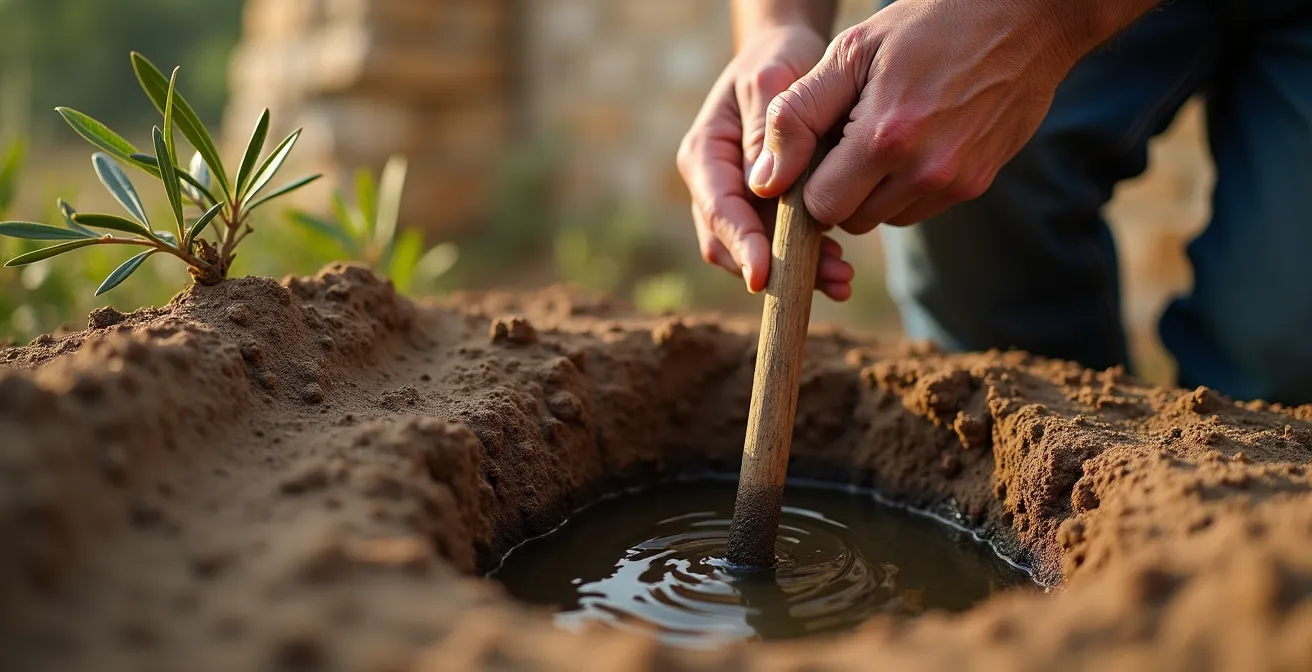 Vista lateral de un hoyo excavado en el suelo con agua infiltrándose gradualmente