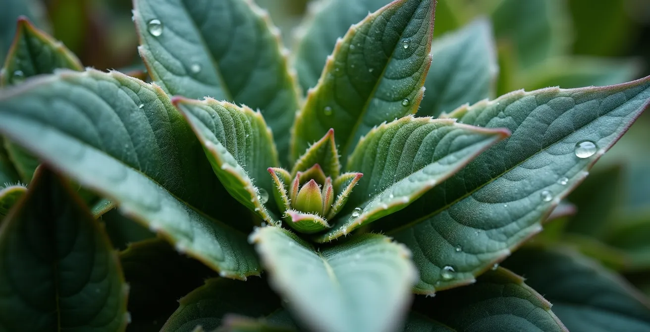 Detalle macro de diferentes texturas de follaje mediterráneo mostrando hojas aterciopeladas, coriáceas y plumosas