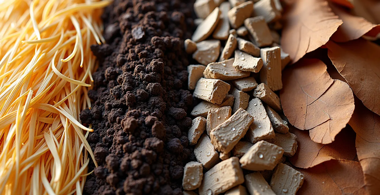 Comparación visual de diferentes materiales de acolchado orgánico en un huerto español