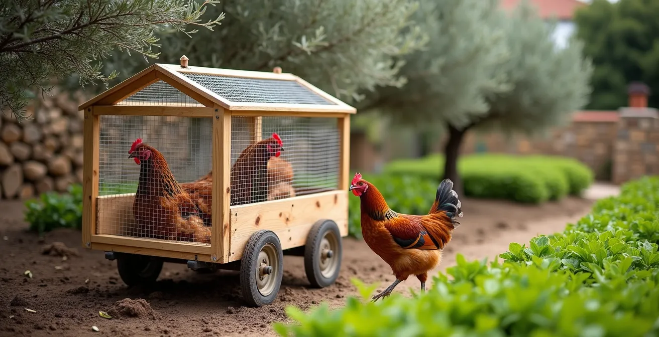 Estructura móvil de madera y malla para gallinas en huerto español con ruedas, rodeado de vegetación verde y tierra oscura trabajada
