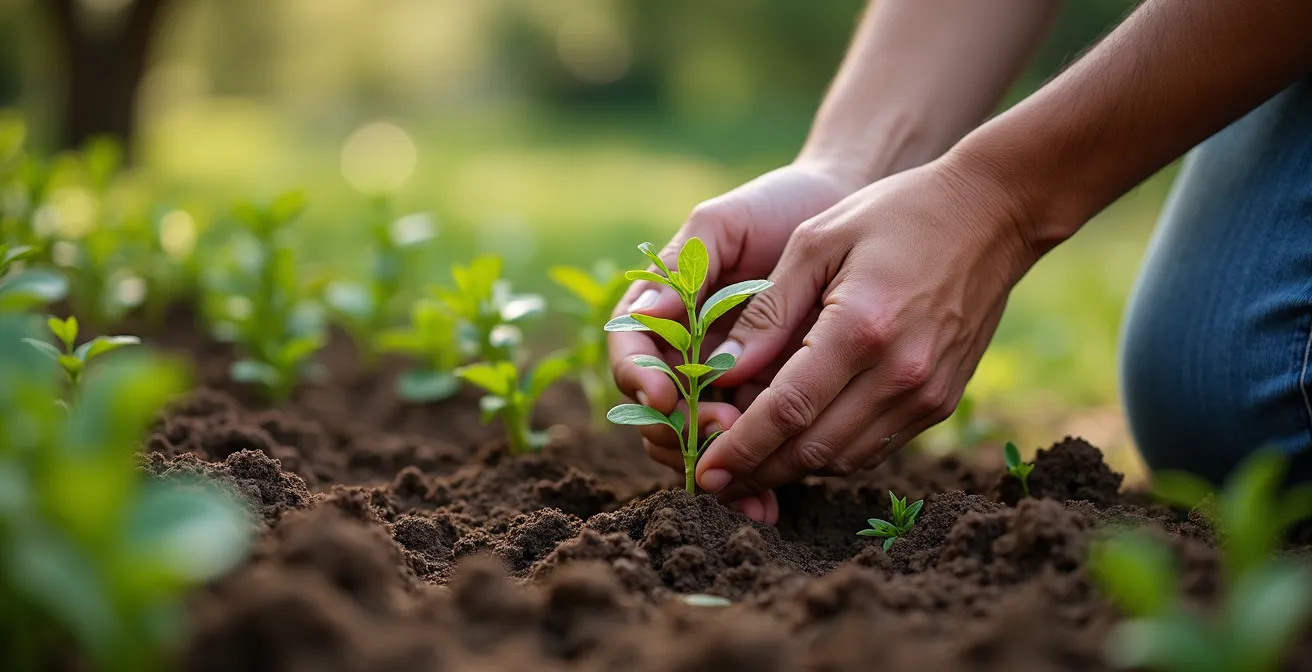 Vista lateral de jardín mostrando tres estratos de vegetación: herbáceo, arbustivo y arbóreo