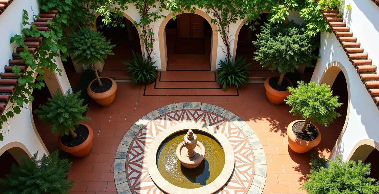 Vista cenital de un patio andaluz con zonificación permacultural mostrando plantas aromáticas, parra para sombra y fuente central