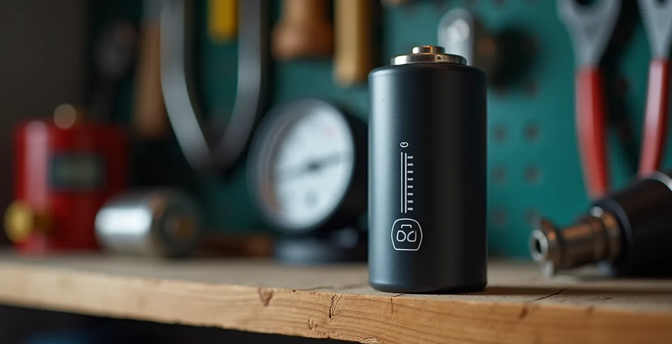 Estante de almacenamiento de baterías de litio en un garaje español con termómetro visible