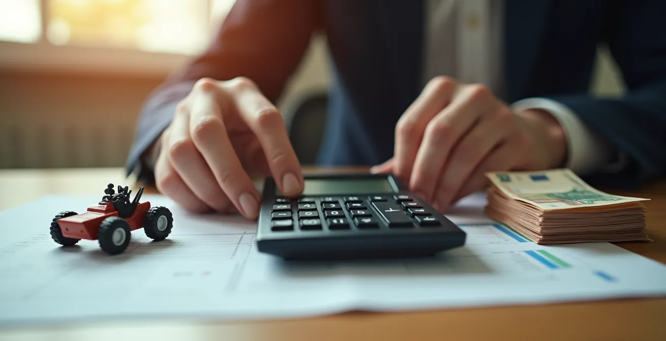 Primer plano de manos usando calculadora junto a documentos financieros y modelo miniatura de robot cortacésped