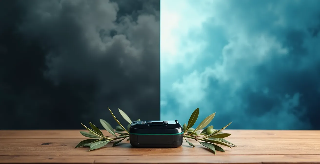 Calculadora visual de ahorro de CO2 en jardinería eléctrica, mostrando una transición de humo a cielo limpio con una batería en el centro.