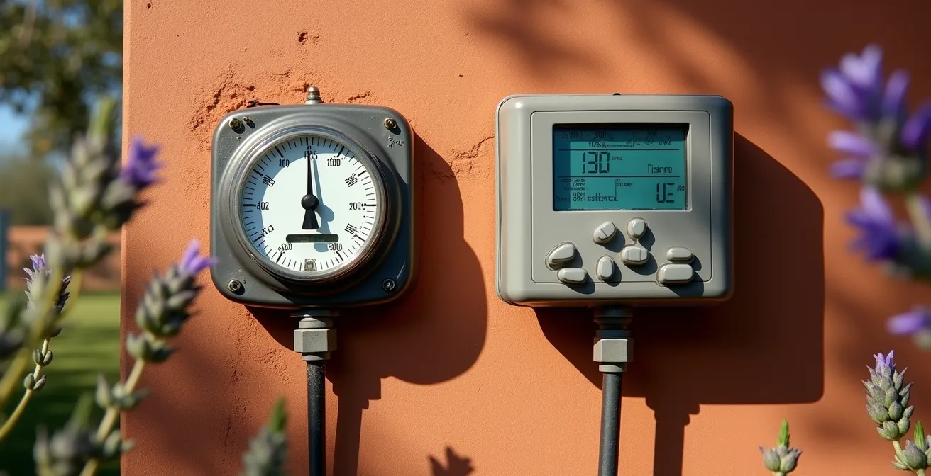 Comparación visual de programadores de riego básico y avanzado en jardín español