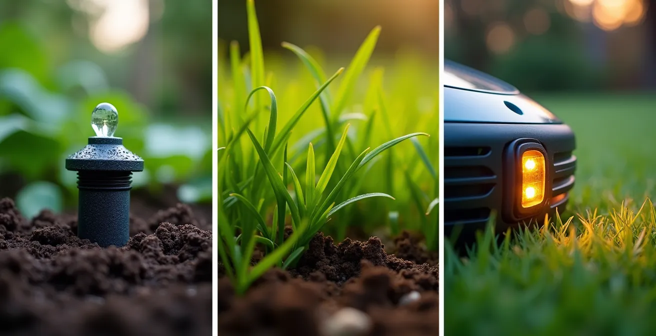 Vista dividida en tres secciones mostrando sistema de riego por goteo, robot cortacésped y luces LED solares en un jardín español