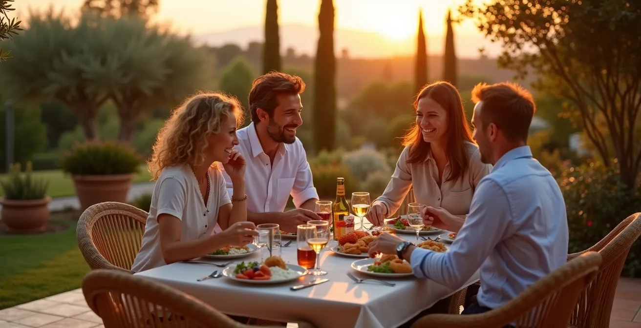 Familia española relajada en su jardín automatizado, disfrutando de una cena al aire libre mientras el sistema de riego funciona discretamente al fondo
