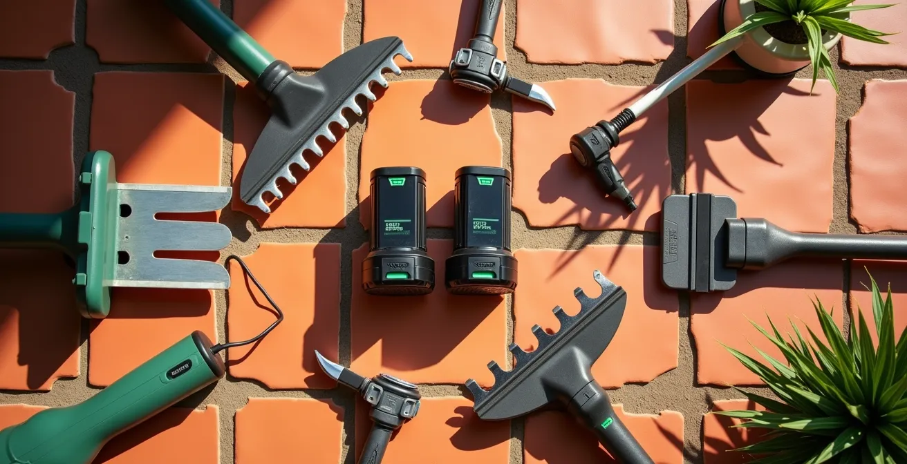 Diagrama visual mostrando el flujo de trabajo con dos baterías intercambiables en herramientas de jardín