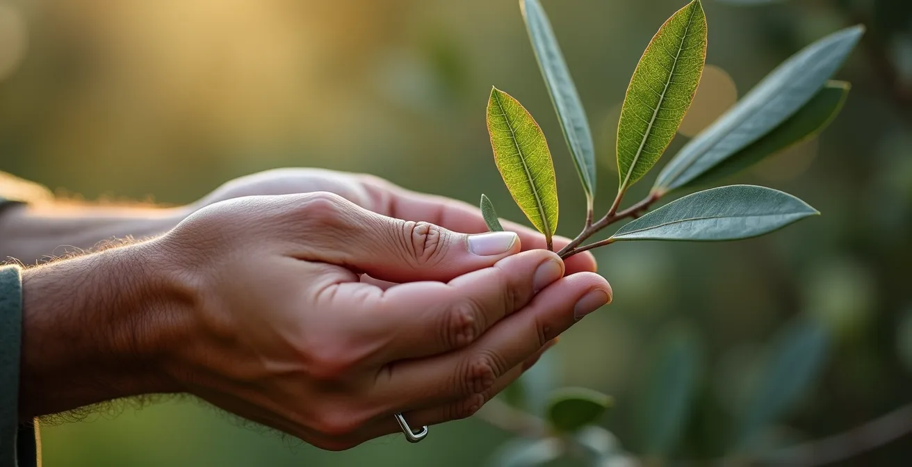Manos expertas de jardinero español examinando de cerca las hojas de un olivo para detectar signos de enfermedad
