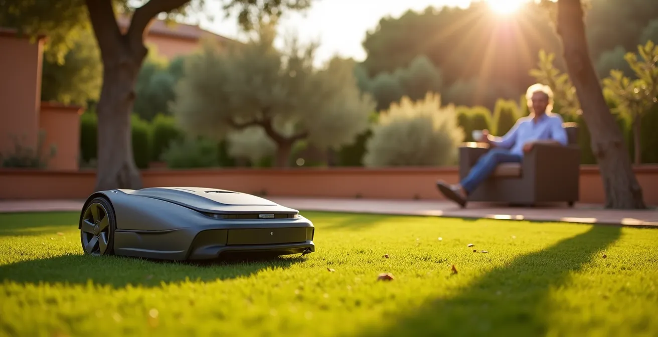 Robot cortacésped silencioso trabajando en césped español al amanecer