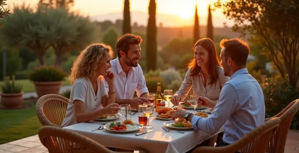 Familia española relajada en su jardín automatizado, disfrutando de una cena al aire libre mientras el sistema de riego funciona discretamente al fondo Familia española relajada en su jardín automatizado, disfrutando de una cena al aire libre mientras el sistema de riego funciona discretamente al fondo